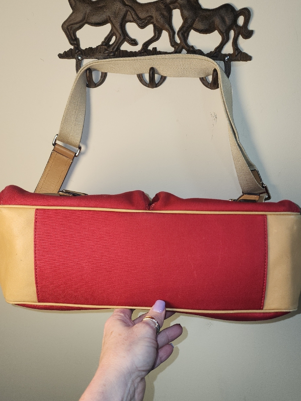 Coach Leather Red Canvas Messenger Bag Cream Trim Striped Accent Business Tote - Picture 16 of 16